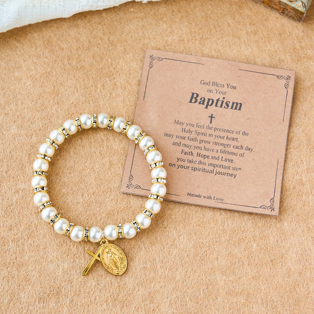 Christianartworkshop Modern Pearl Bracelet with Golden Miraculous Medal & Blessing Card: Opulent Communion - Baptism - image 1