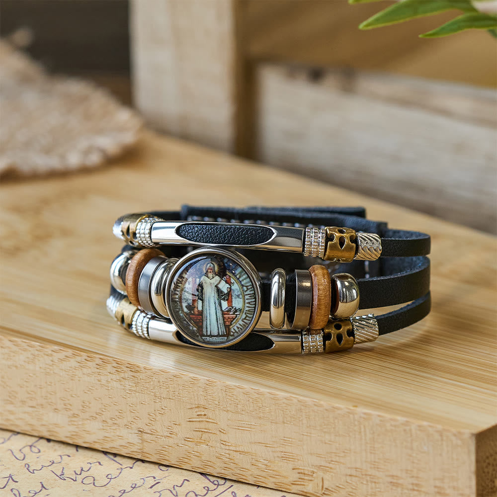 Christianartworkshop St. Benedict Collection Black Leather Cuff Bracelet with Multiple Faith Designs - St. Benedict -3 - image 3