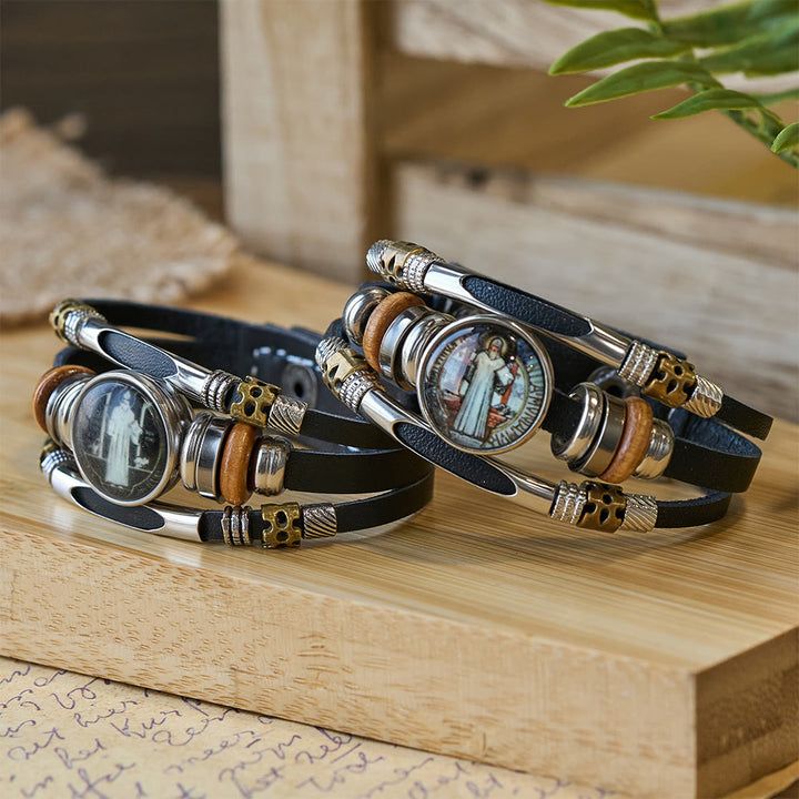 Christianartworkshop St. Benedict Collection Black Leather Cuff Bracelet with Multiple Faith Designs - image 0
