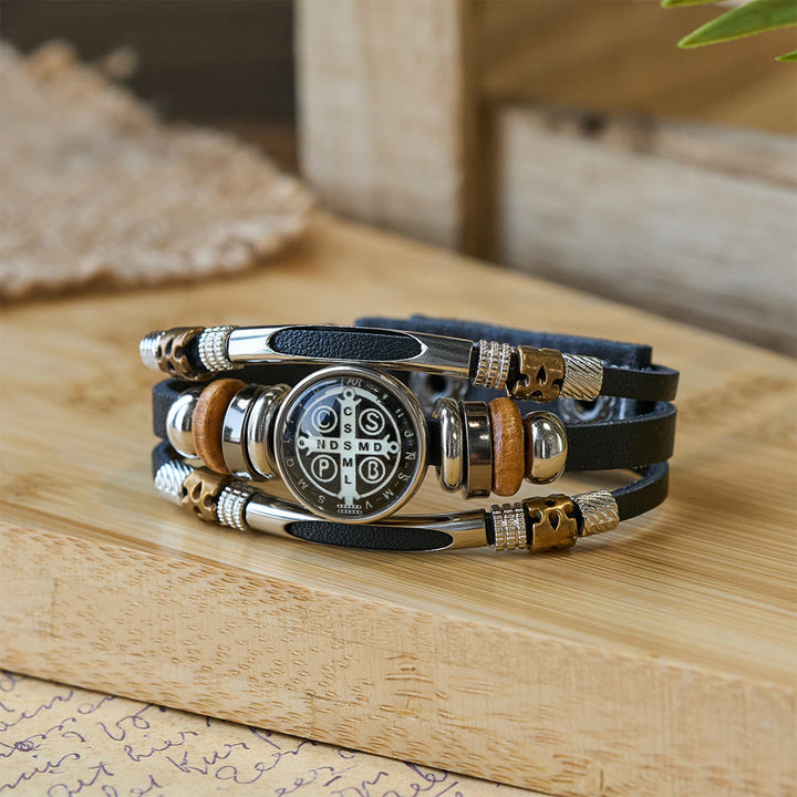 Christianartworkshop St. Benedict Collection Black Leather Cuff Bracelet with Multiple Faith Designs - St. Benedict -1 - image 1