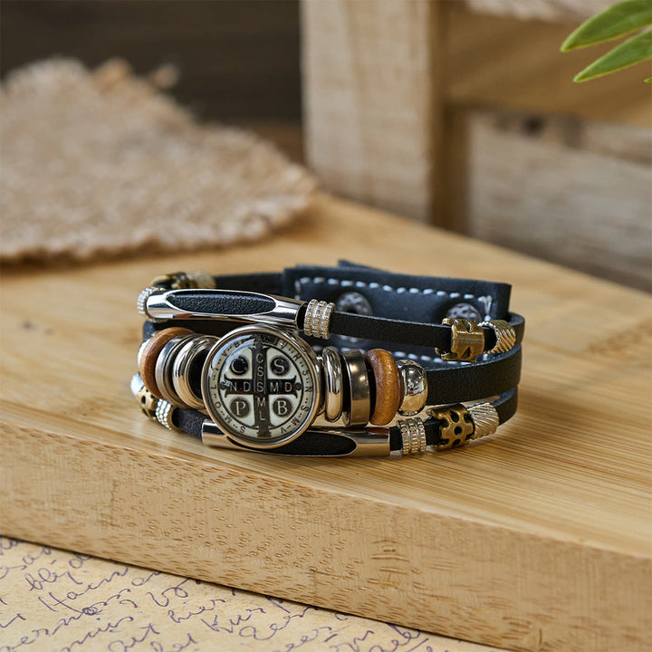 Christianartworkshop St. Benedict Collection Black Leather Cuff Bracelet with Multiple Faith Designs - St. Benedict -6 - image 5