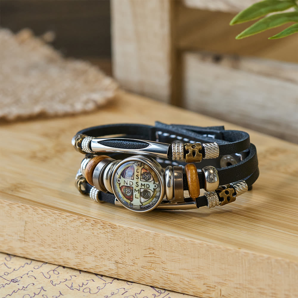Christianartworkshop St. Benedict Collection Black Leather Cuff Bracelet with Multiple Faith Designs - St. Benedict -4 - image 4