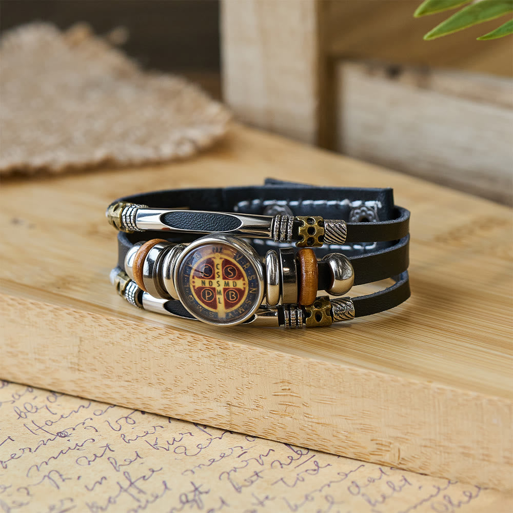 Christianartworkshop St. Benedict Collection Black Leather Cuff Bracelet with Multiple Faith Designs - St. Benedict -2 - image 2