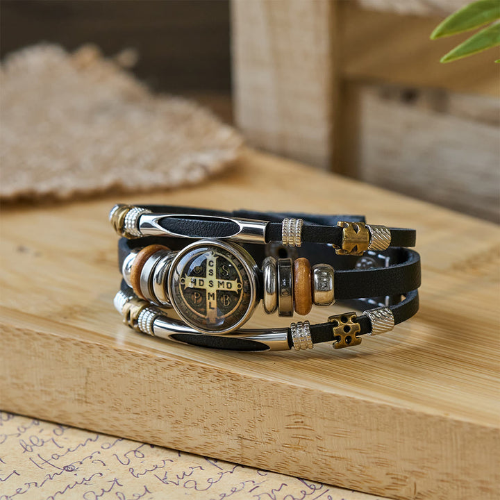 Christianartworkshop St. Benedict Collection Black Leather Cuff Bracelet with Multiple Faith Designs - St. Benedict -9 - image 7