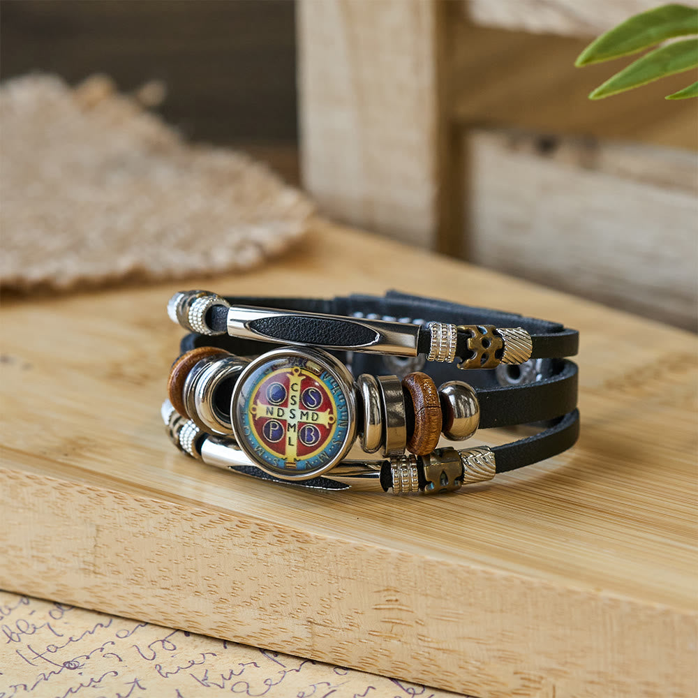 Christianartworkshop St. Benedict Collection Black Leather Cuff Bracelet with Multiple Faith Designs - St. Benedict -7 - image 6