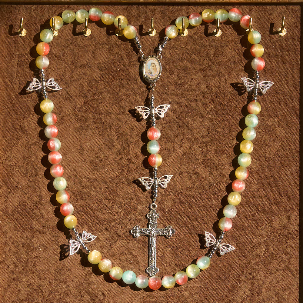Christianartworkshop Tri-Color Fantasy Rosary with Whimsical Butterfly Wing Accents & Divine Mercy Devotion - Divine Mercy & Crucifx - image 0