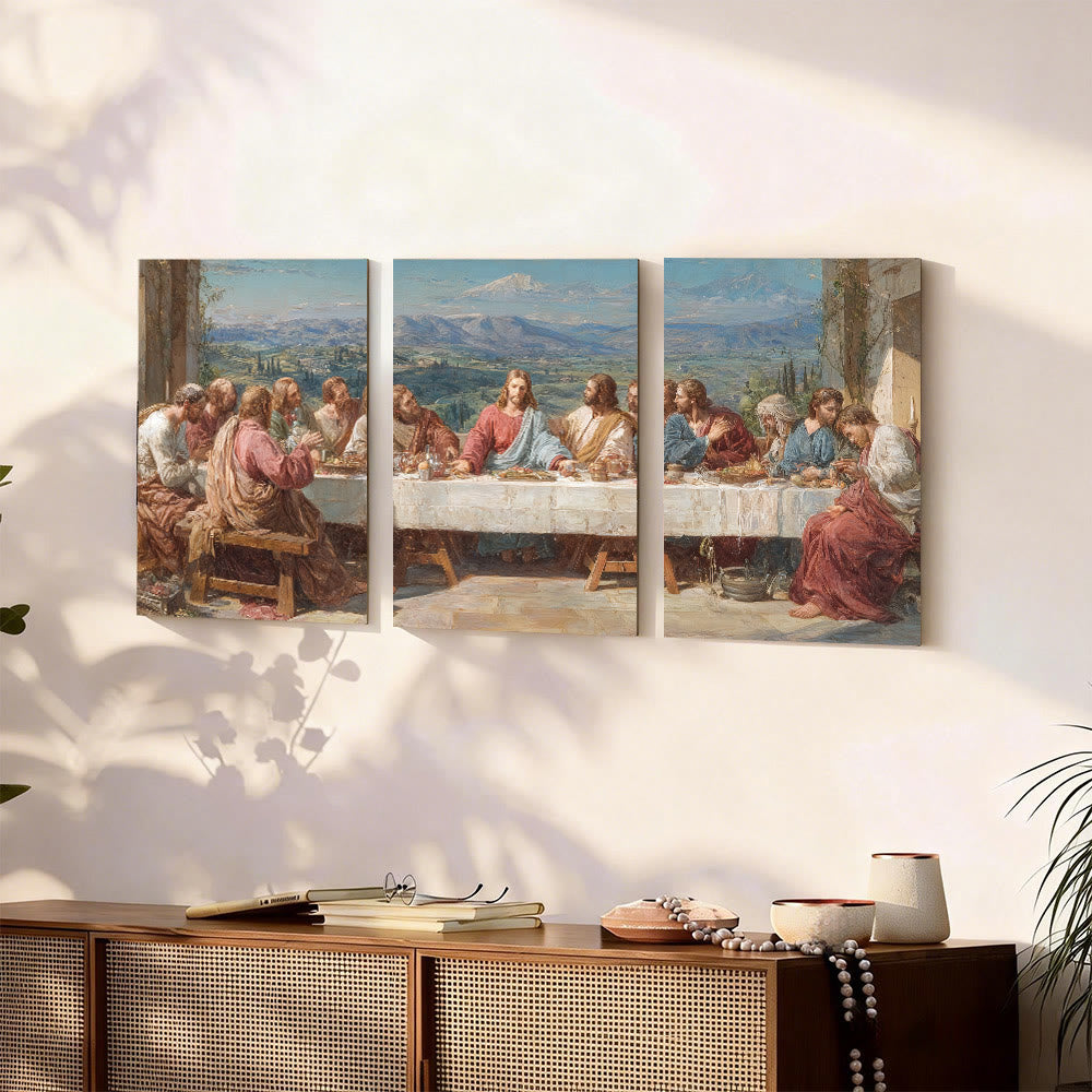 Christianartworkshop Sacred Feast with Jesus in Serene Valley Canvas Wall Art Set: Serene Companion of Home Grace - 7.87''*11.81''*0.71"/20*30*1.8cm - Framed Canvas Painting (Set of 3) - image 0