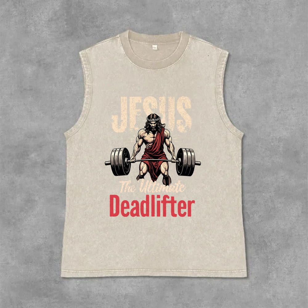 Christianartworkshop Jesus The Ultimate Deadlifter Unisex Washed Tank Top - Beige - 2XL - image 4