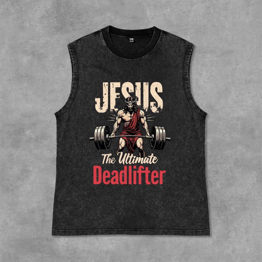 Christianartworkshop Jesus The Ultimate Deadlifter Unisex Washed Tank Top - Black - 2XL - image 1