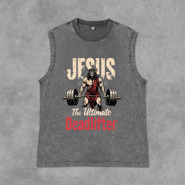 Christianartworkshop Jesus The Ultimate Deadlifter Unisex Washed Tank Top - Grey - 2XL - image 10