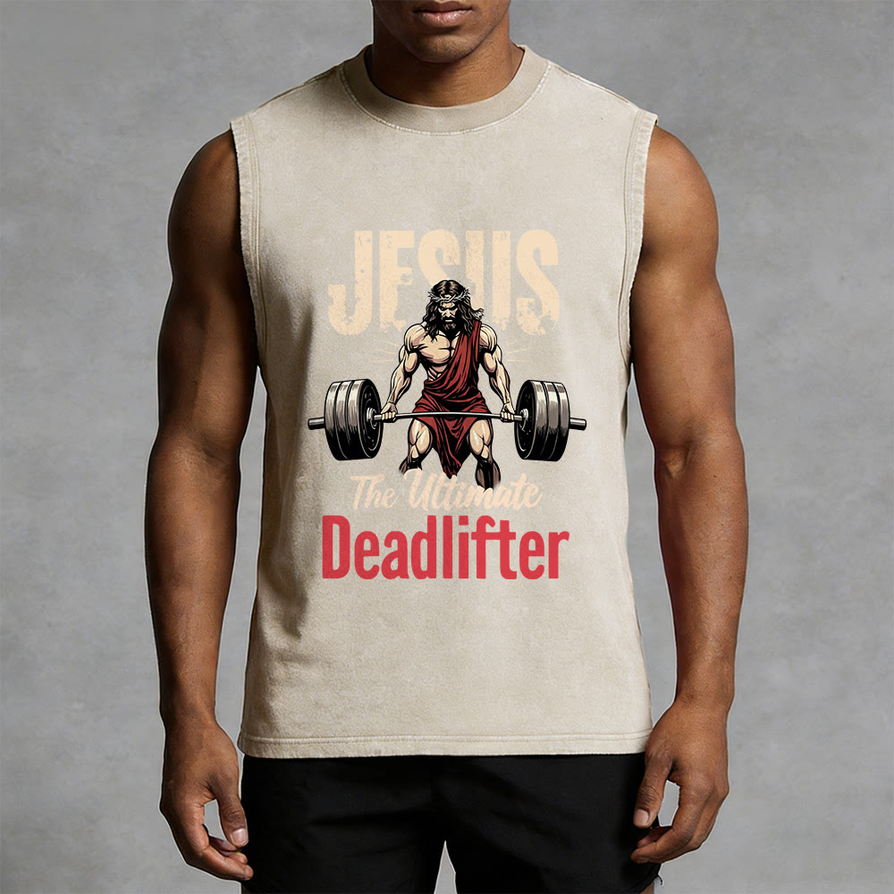 Christianartworkshop Jesus The Ultimate Deadlifter Unisex Washed Tank Top - image 5