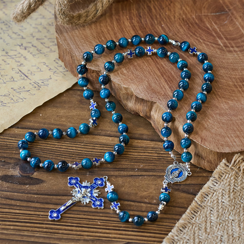 Christianartworkshop Shimmering Blue Tiger Eye Rosary with Enamel Cross for Prayerful Reflection - image 2