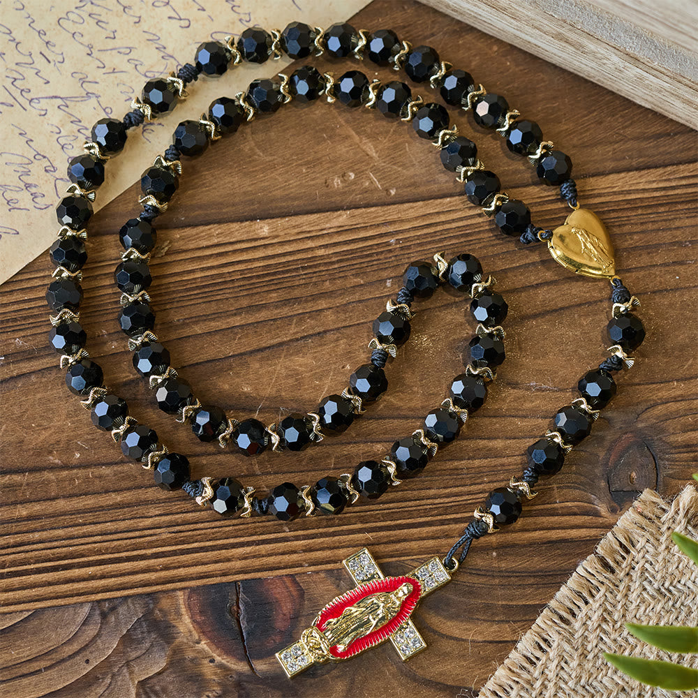 Christianartworkshop Elegant Black Faceted Glass Rosary with Our Lady Red Enamel Cross - image 5