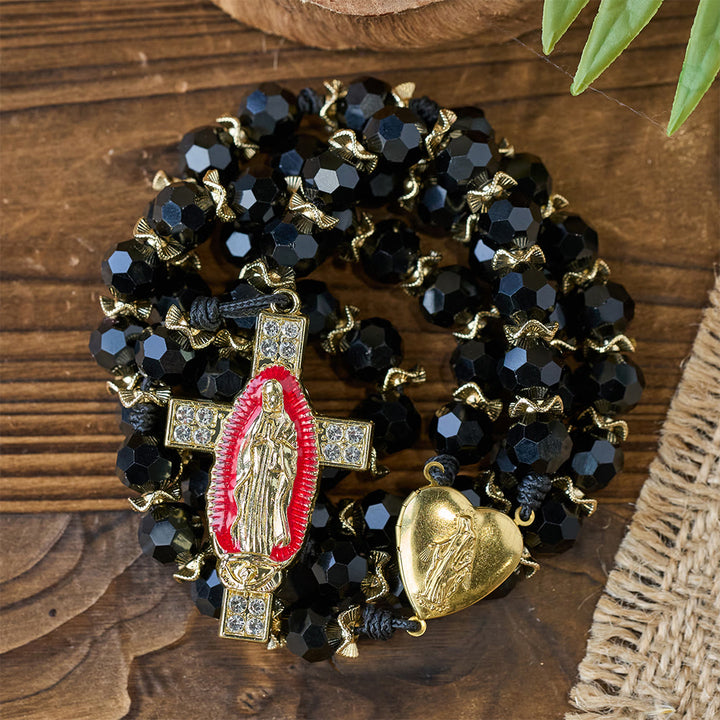 Christianartworkshop Elegant Black Faceted Glass Rosary with Our Lady Red Enamel Cross - image 4