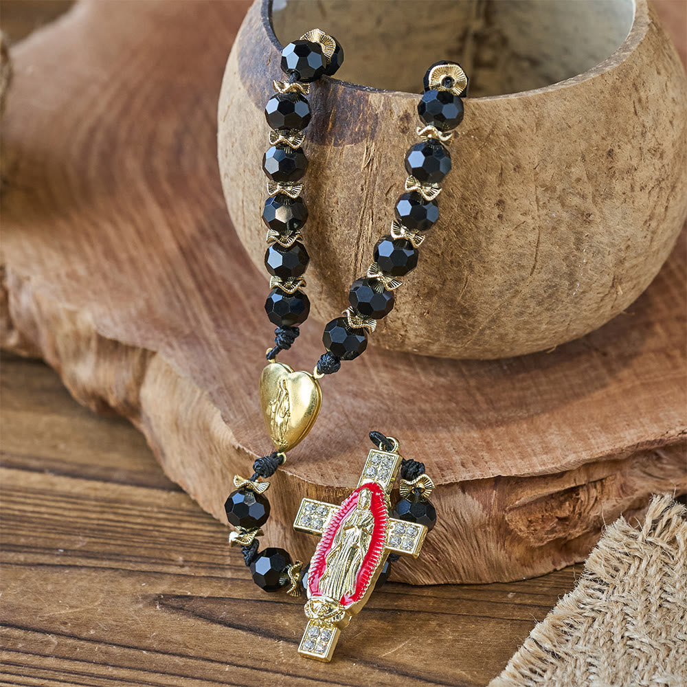 Christianartworkshop Elegant Black Faceted Glass Rosary with Our Lady Red Enamel Cross - image 6