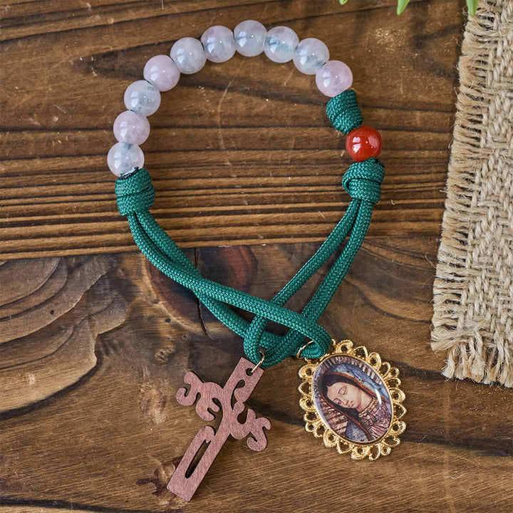 Christianartworkshop Wearable Faith Pink Quartz & Red Agate Pocket Rosary with Our Lady Charm - Pink Quartz & Red Agate - image 0