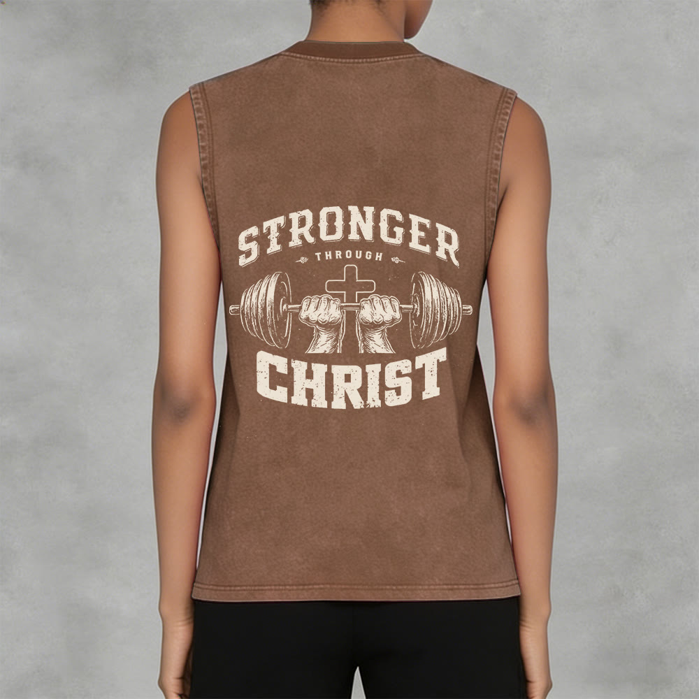 Christianartworkshop Stronger Through Christ Barbell Cross Unisex Washed Tank Top - image 5