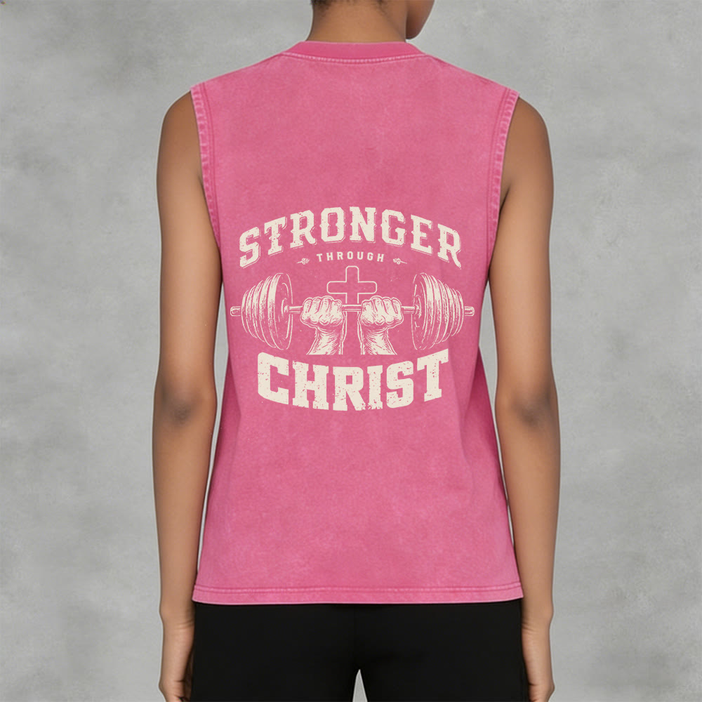 Christianartworkshop Stronger Through Christ Barbell Cross Unisex Washed Tank Top - image 14