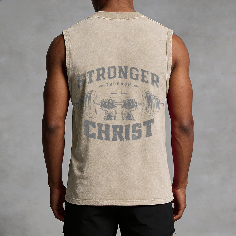 Christianartworkshop Stronger Through Christ Barbell Cross Unisex Washed Tank Top - image 10