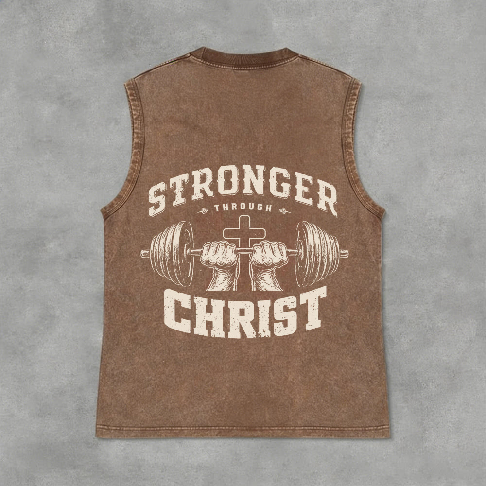 Christianartworkshop Stronger Through Christ Barbell Cross Unisex Washed Tank Top - Brown - 2XL - image 3