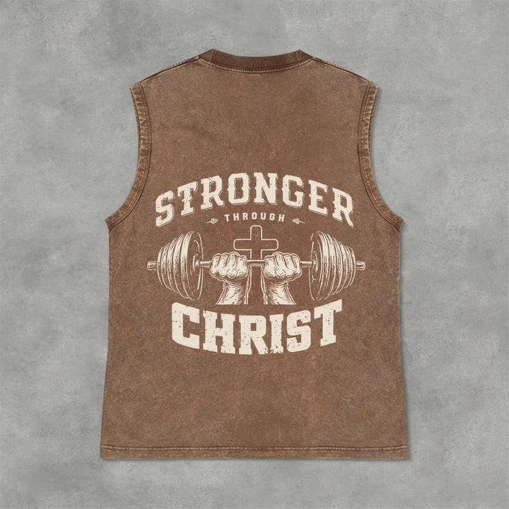 Christianartworkshop Stronger Through Christ Barbell Cross Unisex Washed Tank Top - Brown - 2XL - image 3