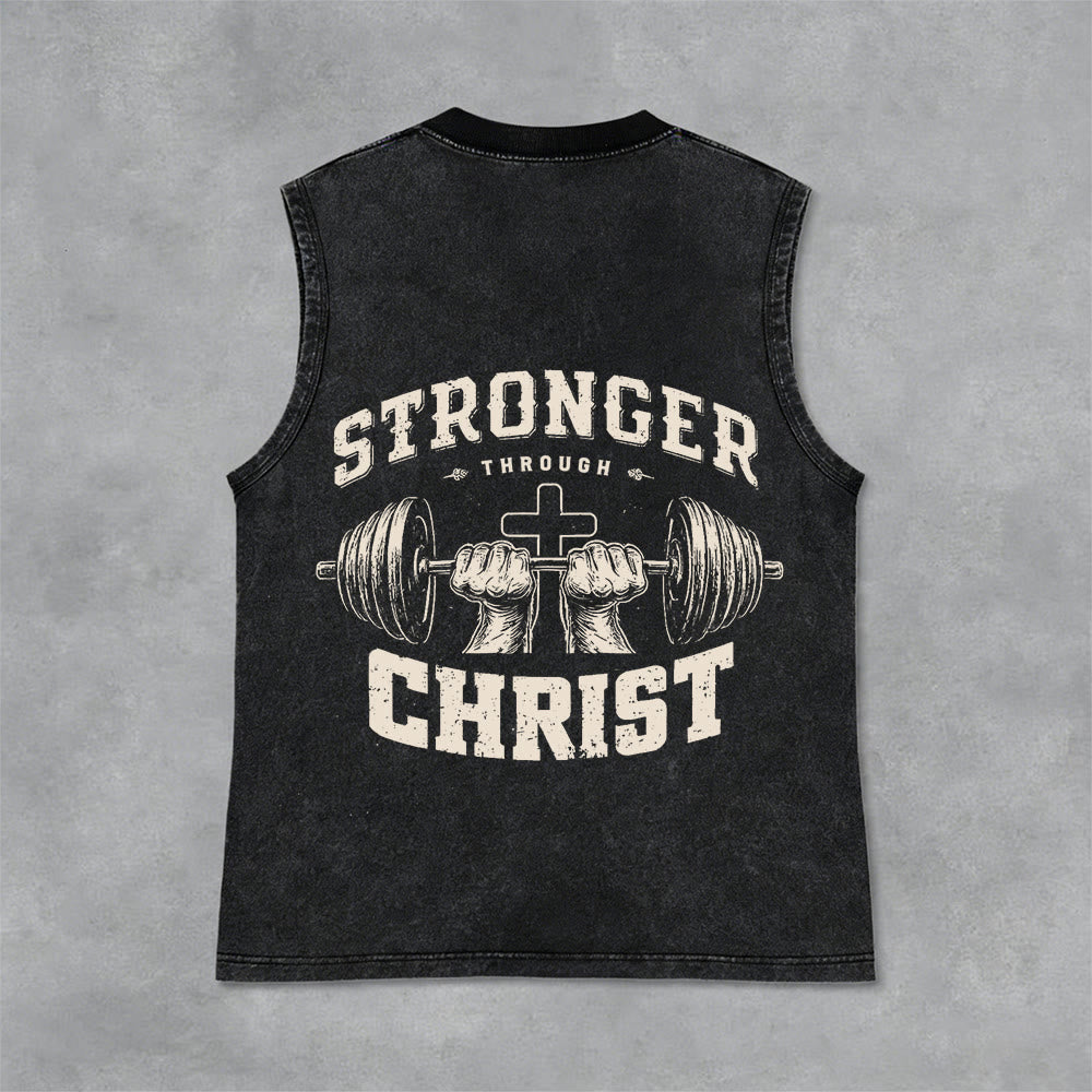 Christianartworkshop Stronger Through Christ Barbell Cross Unisex Washed Tank Top - Black - 2XL - image 6