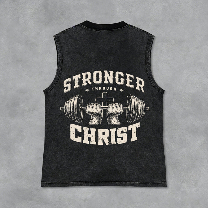 Christianartworkshop Stronger Through Christ Barbell Cross Unisex Washed Tank Top - Black - 2XL - image 6