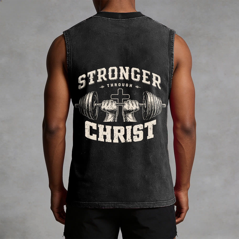 Christianartworkshop Stronger Through Christ Barbell Cross Unisex Washed Tank Top - image 7