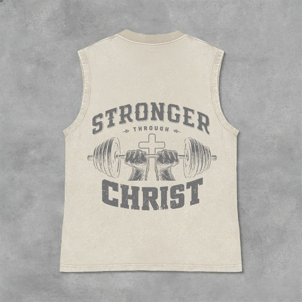 Christianartworkshop Stronger Through Christ Barbell Cross Unisex Washed Tank Top - Beige - 2XL - image 9