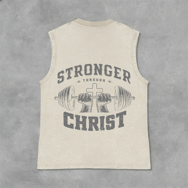 Christianartworkshop Stronger Through Christ Barbell Cross Unisex Washed Tank Top - Beige - 2XL - image 9