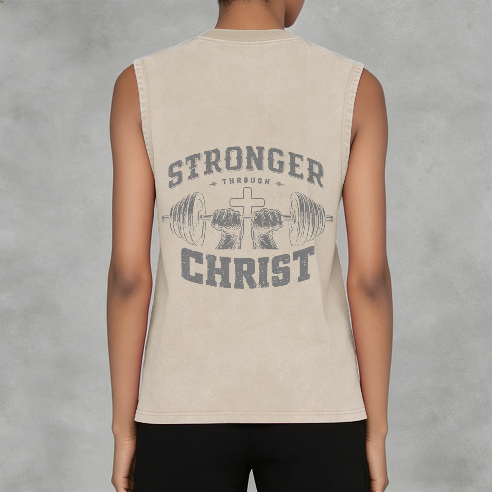 Christianartworkshop Stronger Through Christ Barbell Cross Unisex Washed Tank Top - image 11