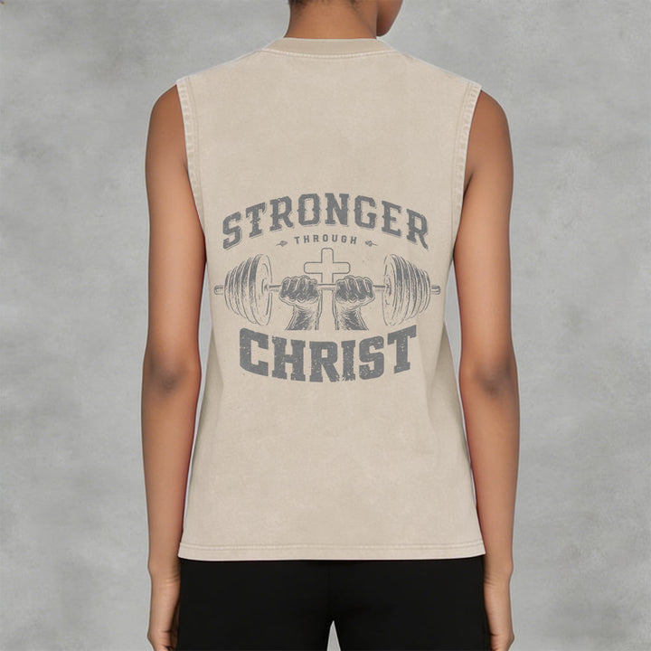 Christianartworkshop Stronger Through Christ Barbell Cross Unisex Washed Tank Top - image 11