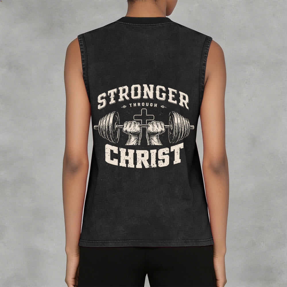 Christianartworkshop Stronger Through Christ Barbell Cross Unisex Washed Tank Top - image 8