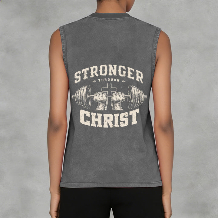 Christianartworkshop Stronger Through Christ Barbell Cross Unisex Washed Tank Top - image 2