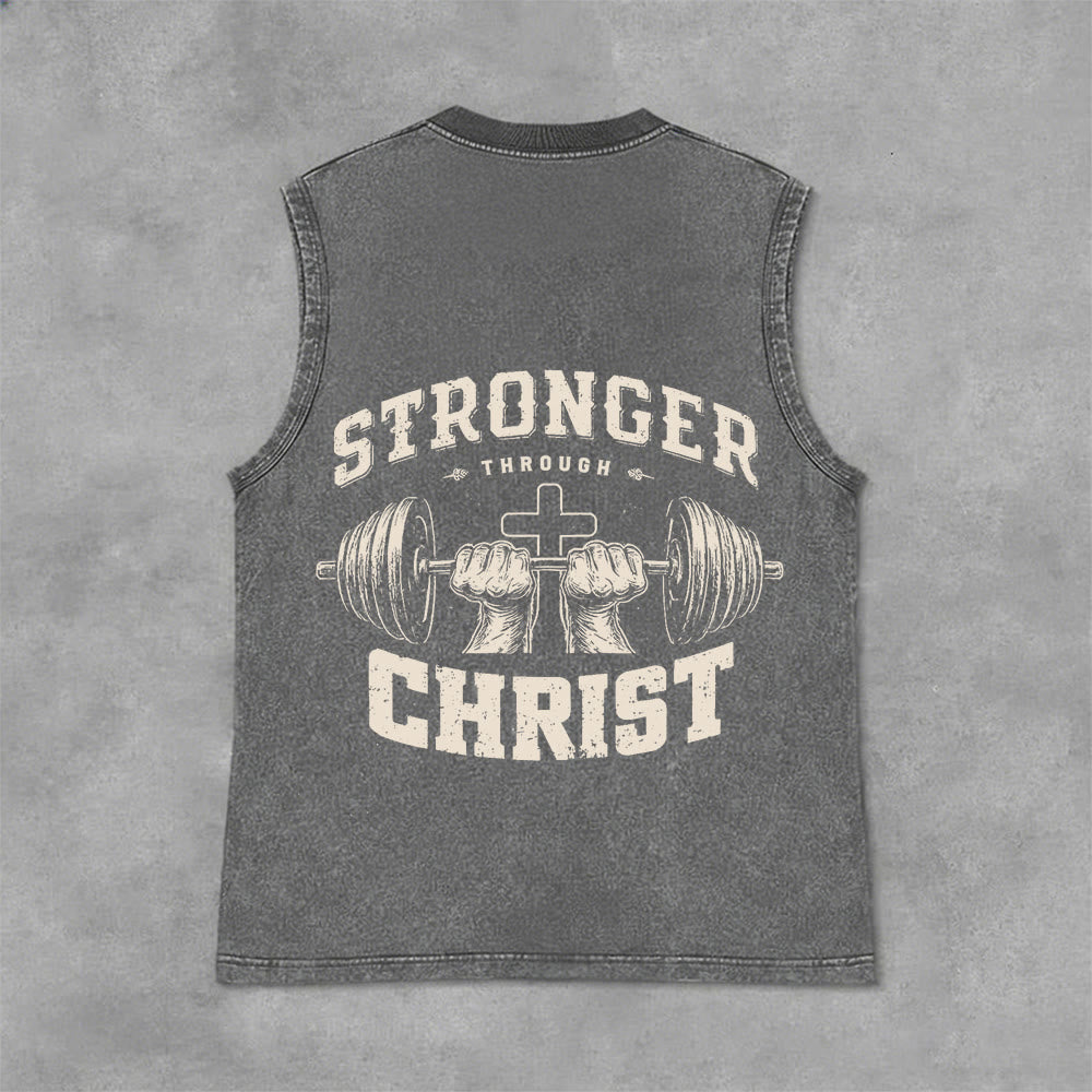 Christianartworkshop Stronger Through Christ Barbell Cross Unisex Washed Tank Top - Grey - 2XL - image 0