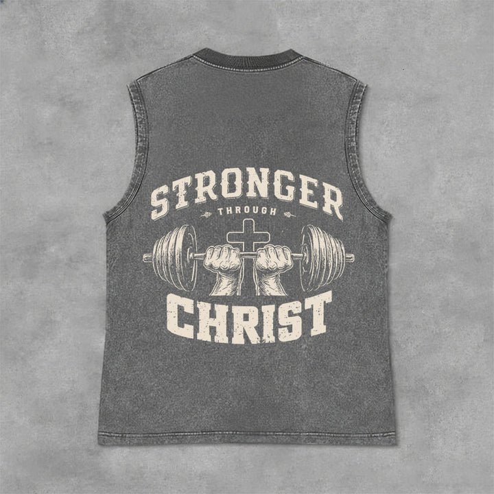 Christianartworkshop Stronger Through Christ Barbell Cross Unisex Washed Tank Top - Grey - 2XL - image 0