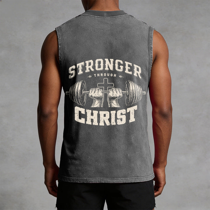 Christianartworkshop Stronger Through Christ Barbell Cross Unisex Washed Tank Top - image 1