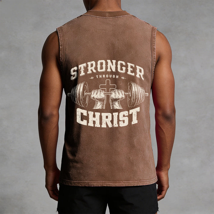 Christianartworkshop Stronger Through Christ Barbell Cross Unisex Washed Tank Top - image 4