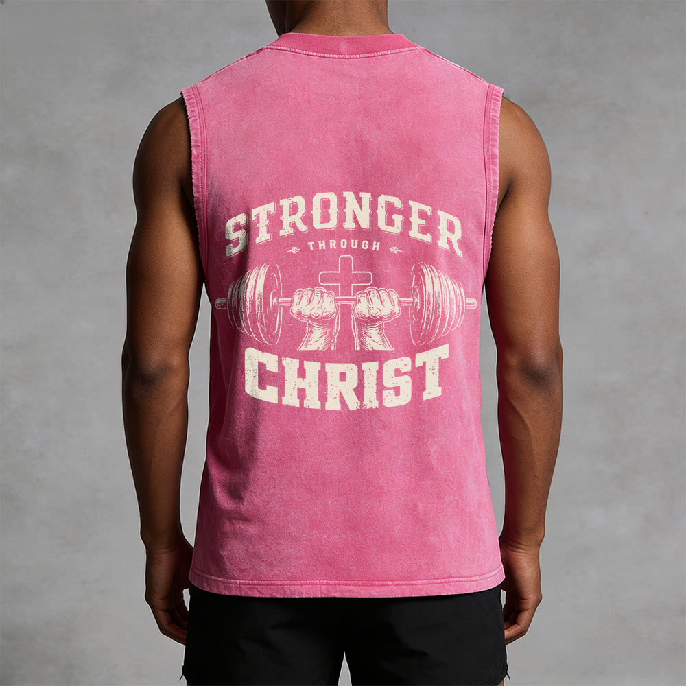 Christianartworkshop Stronger Through Christ Barbell Cross Unisex Washed Tank Top - image 13
