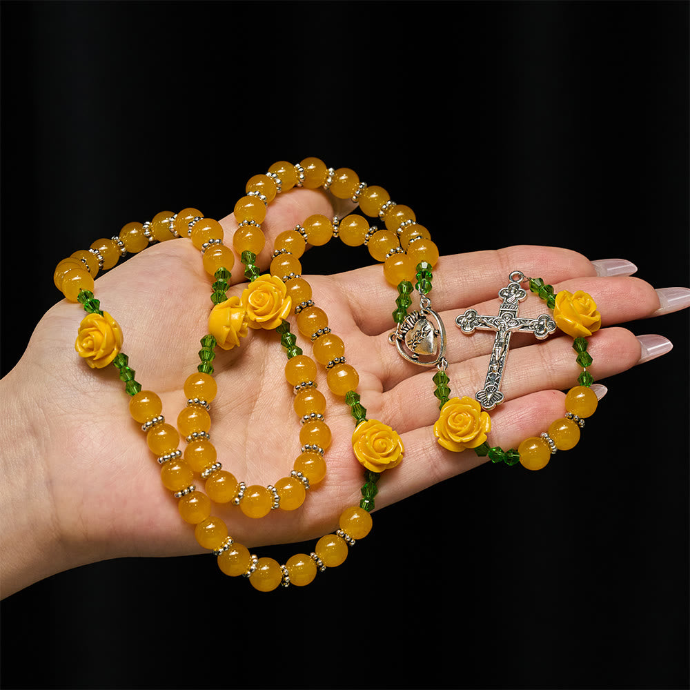 Christianartworkshop Easter Yellow Jade & Rose Bead Garden of Faith Rosary with Delicate Cross - image 1