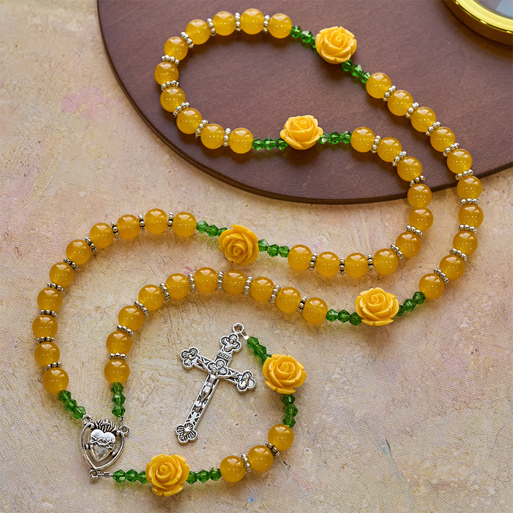 Christianartworkshop Easter Yellow Jade & Rose Bead Garden of Faith Rosary with Delicate Cross - image 2