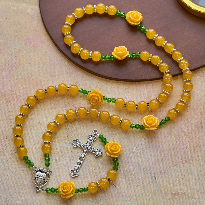 Christianartworkshop Easter Yellow Jade & Rose Bead Garden of Faith Rosary with Delicate Cross - image 2