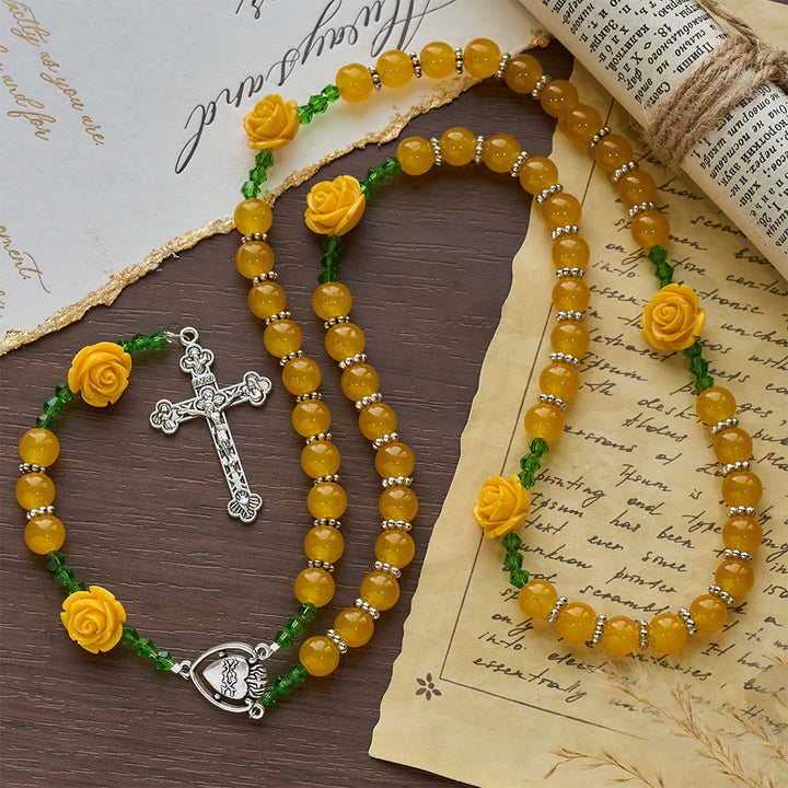 Christianartworkshop Easter Yellow Jade & Rose Bead Garden of Faith Rosary with Delicate Cross - image 3