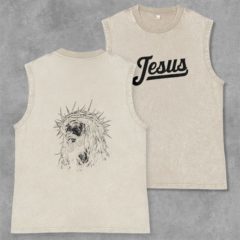 Christianartworkshop Jesus: Crown of Thorns Sketch Unisex Washed Tank Top - Beige - 2XL - image 7