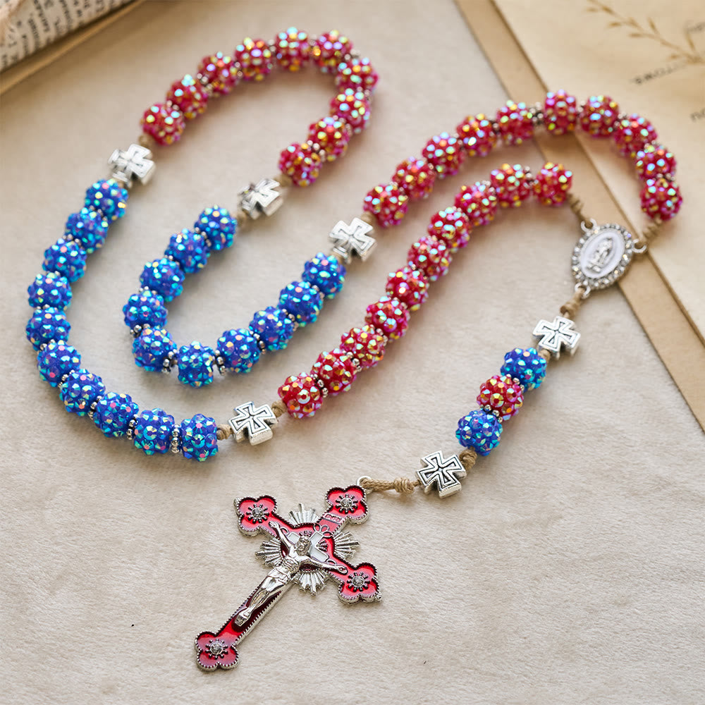 Christianartworkshop Red & Blue Dazzling Diamond Bead Rosary with Maltese Cross Accents - Our Lady & Crucifx - image 0