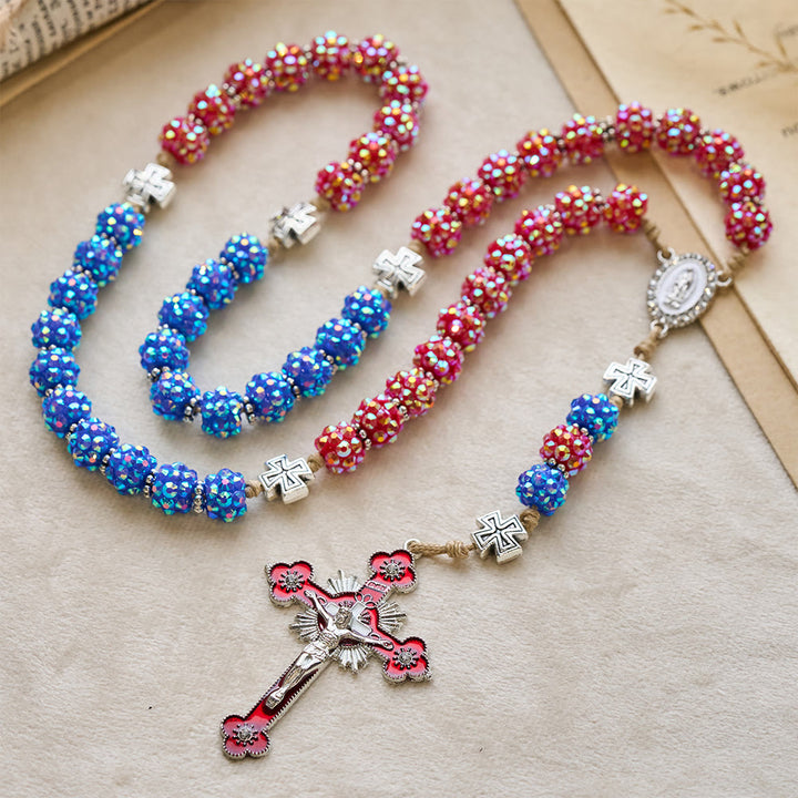 Christianartworkshop Red & Blue Dazzling Diamond Bead Rosary with Maltese Cross Accents - Our Lady & Crucifx - image 0