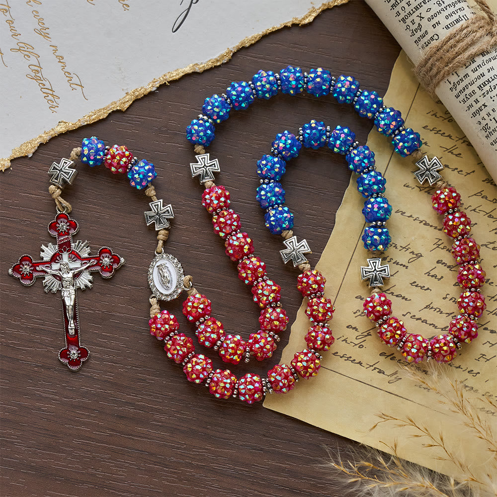 Christianartworkshop Red & Blue Dazzling Diamond Bead Rosary with Maltese Cross Accents - image 4
