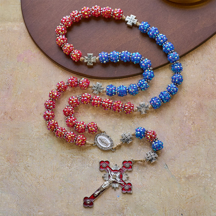 Christianartworkshop Red & Blue Dazzling Diamond Bead Rosary with Maltese Cross Accents - image 3