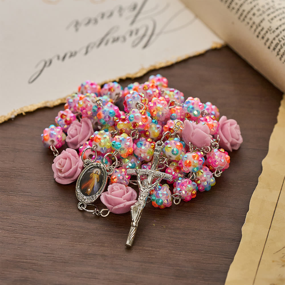 Christianartworkshop Easter Pink Rose & Sparkling Multicolor Diamond Beads Rosary with Divine Mercy - Divine Mercy & Crucifx - image 0
