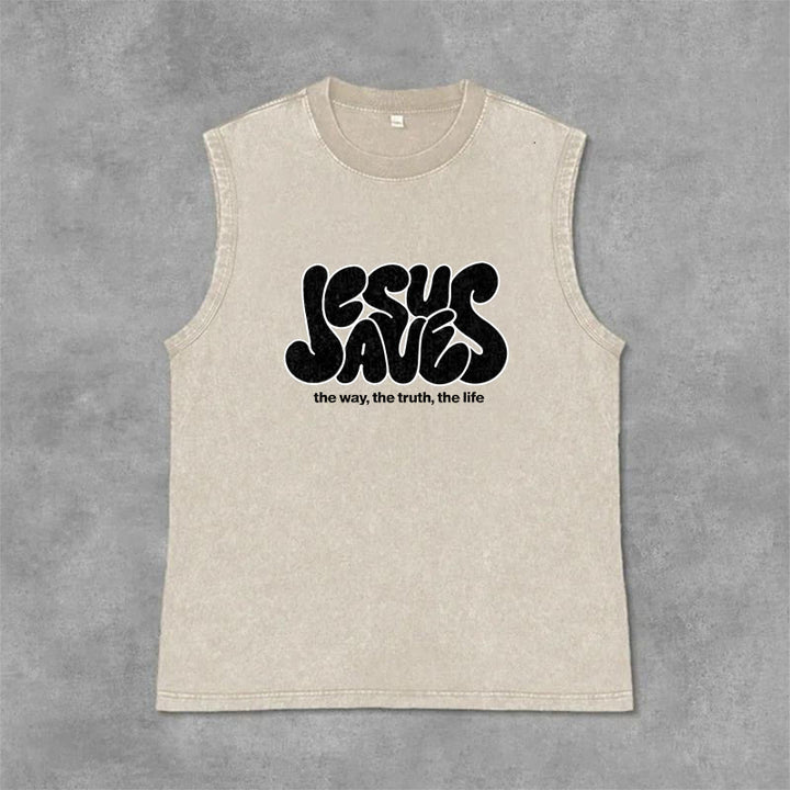 Christianartworkshop Jesus Saves Retro Unisex Washed Tank Top - Beige - 2XL - image 0